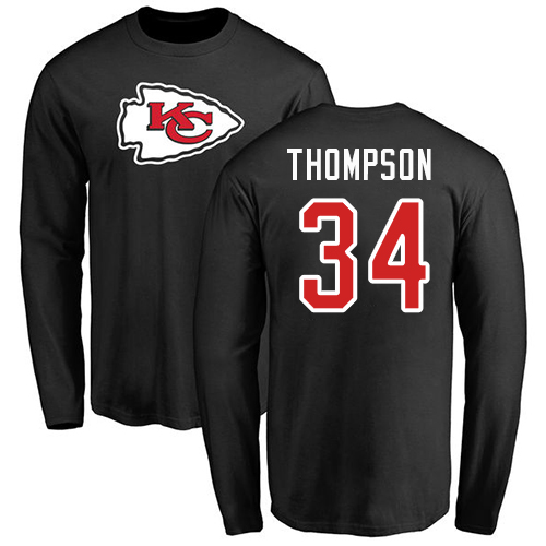 Men Kansas City Chiefs #34 Thompson Darwin Black Name and Number Logo Long Sleeve T-Shirt->nfl t-shirts->Sports Accessory